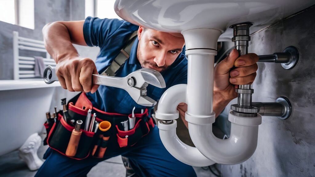 Professional plumber fixing sink